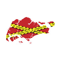 Map of Singapore with warning quarantine yellow tape. Danger coronavirus Banner