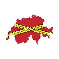 Map of Switzerland with warning quarantine yellow tape. Danger coronavirus Banner