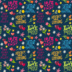Body positive seamless pattern with inspired colorful quotes, lettering. Spring flowers, hearts. Violet background