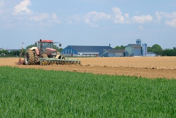 Fototapeta premium Semis mais avec semoir 32 rangs de 4m et outil ottavioli (tasseligne) à l'avant. Coopérative agricole en arrière plan