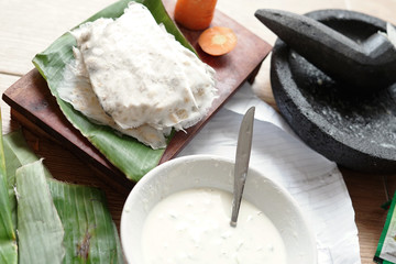 Soybean product called Tempeh or Mendoan raw food ready to cook scene