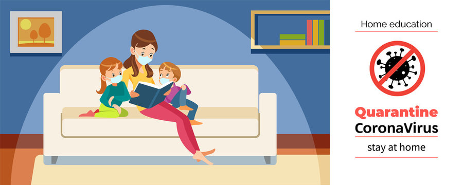 Mother And Children Home Reading During Coronavirus Or Covid-19 Quarantine. Stay At Home, Home Education Concept. Cartoon Vector Illustration.