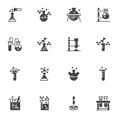Chemistry vector icons set, modern solid symbol collection, Chemical experiment filled style pictogram pack. Signs, logo illustration. Set includes icons as chemical test tube, laboratory glassware