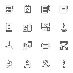 Scientific research line icons set. Chemistry linear style symbols collection, outline signs pack. vector graphics. Set includes icons as chemical formula, laboratory mouse, microscope, dna test