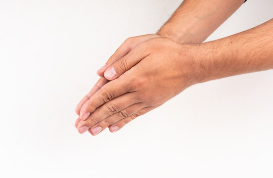 Man Holding His Hands Together Thank You Sign Hand Gesture High Angle View On A White Background