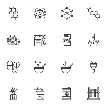 Chemistry science line icons set. Laboratory research linear style symbols collection, outline signs pack. vector graphics. Set includes icons as chemical formula, dna molecule, virus, lab test tube