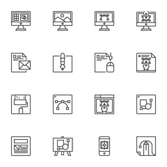 Graphic design line icons set. linear style symbols collection, outline signs pack. vector graphics. Set includes icons as creative designer tool, drawing equipment, computer screen, document edit