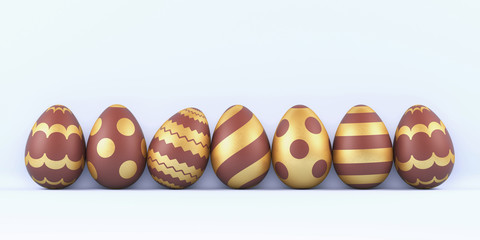 3d render illustration. Set of chocolate easter eggs with golden patterns on a blue background.