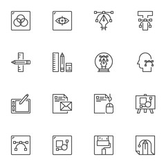 Graphic design tool line icons set. linear style symbols collection, outline signs pack. vector graphics. Set includes icons as creative designer tool, graphic tablet with pen, curve control pen tool