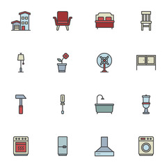 Household elements filled outline icons set, line vector symbol collection, linear colorful pictogram pack. Signs, logo illustration, Set includes icons as armchair, bed, cupboard, bathroom, kitchen