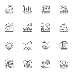 Nature, landscape line icons set. linear style symbols collection, outline signs pack. vector graphics. Set includes icons as tropical palm tree, beach sunset, seascape, waterfall, mountains, valley
