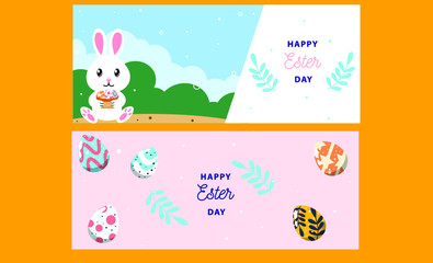 easter day banners set with bunny and eggs. Colored Vector mascot premium