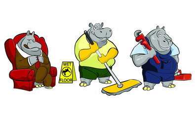 hippo performing different jobs. colored Vector mascot logo premium vector