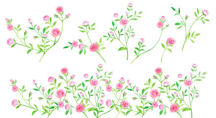 Obraz na płótnie Canvas 小さいバラの水彩イラスト、装飾エレメントセット