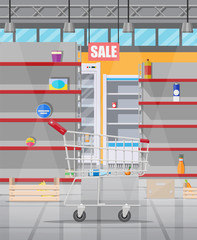 Interior of supermarket with empty shelves. Empty shopping cart, food hoarding. No food or necessities in store. Financial crisis, war, epidemic virus. Panic of Coronavirus. Flat vector illustration