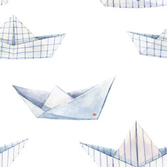 Materiał do szycia Beautiful vector seamless pattern with watercolor paper boats. Stock illustration.