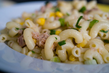 homemade pasta with tuna fish and vegetables on white plate