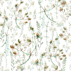 Watercolor seamless background floral pattern. grass and plant flowers, burdock, thistle, alga, inflorescence, wild herbs. Floral pattern, Illustration is made of hand-made in clipart graphics colors.