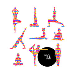 Set with beautiful woman exercising various different yoga poses training