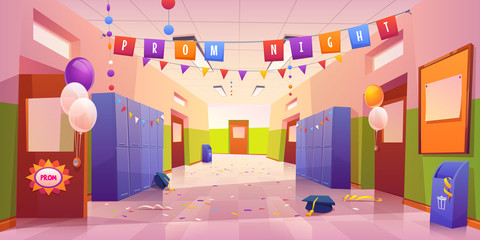 School hall after prom night celebration. Empty college corridor interior with balloons, garlands on students lockers, confetti and academic hats scattered on tiled floor. Cartoon vector illustration © klyaksun