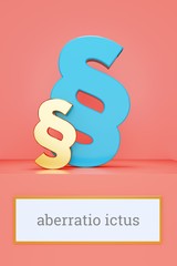 aberratio ictus. Begriff auf Schild. Präsentation von Paragrafen auf Podest in Museum. Symbol für Recht, Gesetz, Urteil. Rosa Hintergrund