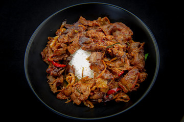 Stir fried with pork and vegetables sprinkle sesame seeds