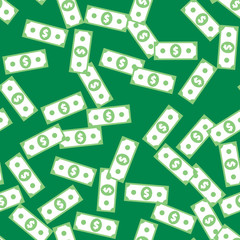 Dollar banknote seamless pattern. American bucks abstract texture. Wrapping background with repeating USA currency symbols on green. Greenback stylized vector eps8 illustration.