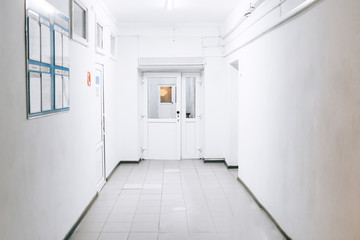 Empty hospital corridor, bright and clean corridor