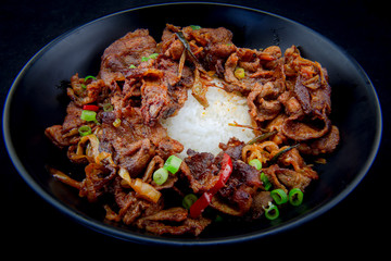 Stir fried with pork and vegetables sprinkle sesame seeds