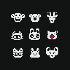 Abstract cute animals characters pixel art icons set, dog, goat, monkey, rabbit, cat, pig and mouse, design for logo, sticker, stamp, web, app, isolated vector illustration. Game assets 1-bit sprite.