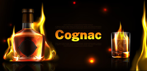 Cognac in bottle and glass shot with fire. Vector realistic brand poster of scotch, whiskey, brandy or bourbon, alcohol beverage with glowing flame. Promo banner, advertising background