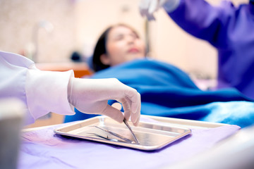 Modern dental practice. Dental chair and other accessories used by dentists