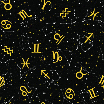 Seamless vector pattern with zodiac signs and constellations on black background. Space background.