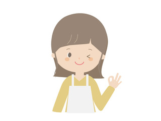 A woman wearing an apron to pose OK.