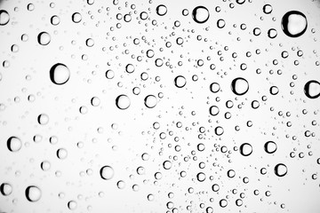 white isolated background water drops on the glass / wet window glass with splashes and drops of water and lime, texture autumn background