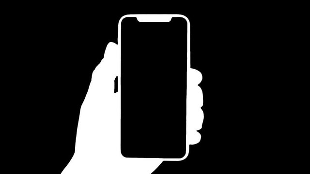 Man's hand holding a black smartphone with green screen and touching or press display, Man using mobile phone with chroma key zoom in display on green background.