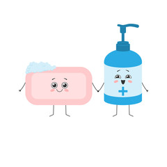 Cute characters soap and sanitizer hold hands. Hand hygiene concept. Vector illustration