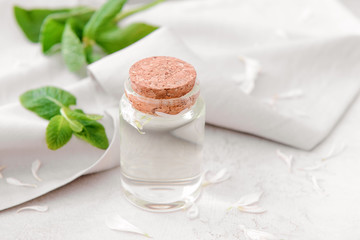 Bottle with mint essential oil on white background