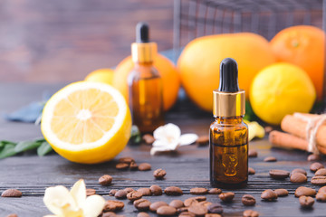 Bottle with essential oil on table