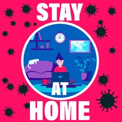The girl working at home pictured in a sketchy circle against a background of stylized images of a coronavirus. Compliance with quarantine. Stay at home.
