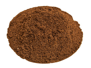 Ground coffee in glass plate on wooden background
