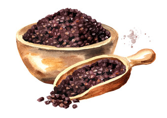 Black quinoa seeds in the bowl. Hand drawn watercolor illustration, isolated on white background