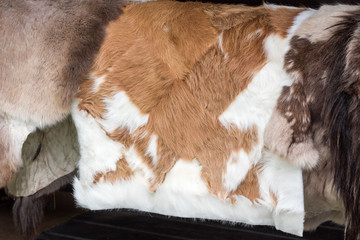 The crafted hide of various animals hangs and dries.