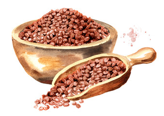 Red quinoa seeds in the bowl. Hand drawn watercolor illustration, isolated on white background