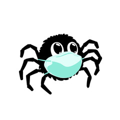 funny spider in a medical mask. vector illustration. cartoon character afraid of coronavirus pandemic. quarantine to stop covid 19. kids print. design element for label, sticker, book layout, t shirt.