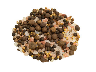 Mix of sea salt and spices in a glass plate on a wooden background