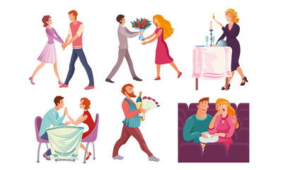 Fototapeta na wymiar Set of couples on romantic dates in different situations. Vector illustration in flat cartoon style.