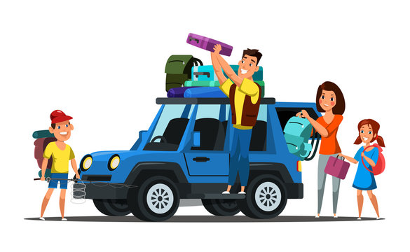 Family on road trip flat vector illustration