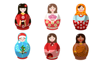Set of nesting dolls in colorful costumes of different nationalities. Vector illustration in flat cartoon style.