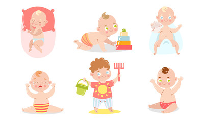 Set of a cute baby in underpants with different situations. Vector illustration in flat cartoon style.